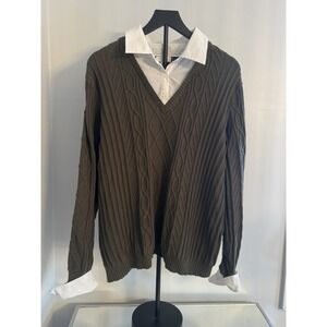 Charter Club Olive Cable 2Fer Knit V-Neck Sweater Layered Shirt Sz 3X